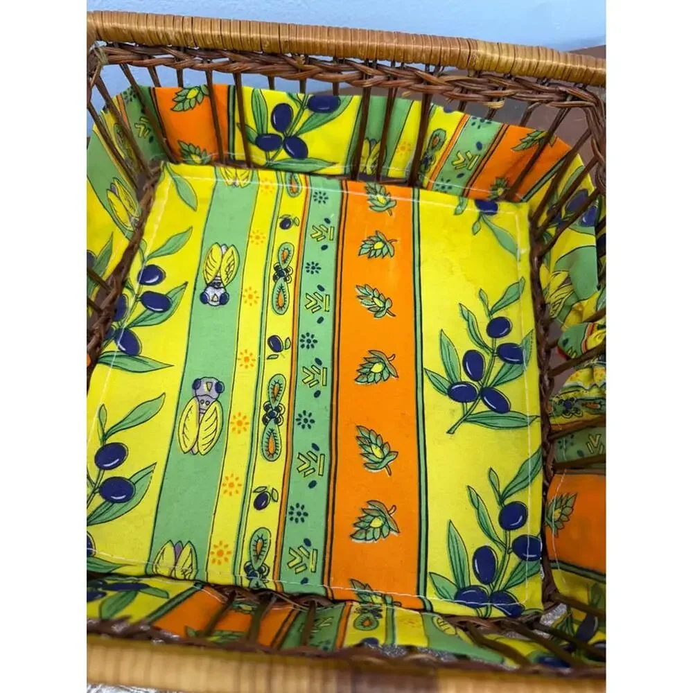 Vintage Woven Wicker Basket Lined with Colorful Fabric with Olive Motif